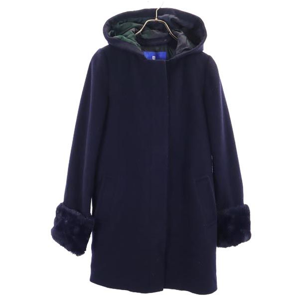 ブルーレーベルクレストブリッジ フード付き 袖ファー付き ノーカラーコート 40 ネイビー BLUE LABEL CRESTBRIDGE 三陽商会 レディース