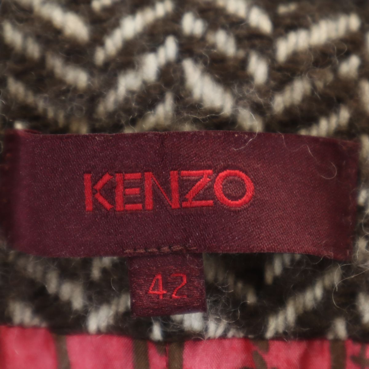 KENZO ケンゾー フランス製 へリンボーン柄 ウール チェスターコート 42 ブラウン系 レディース