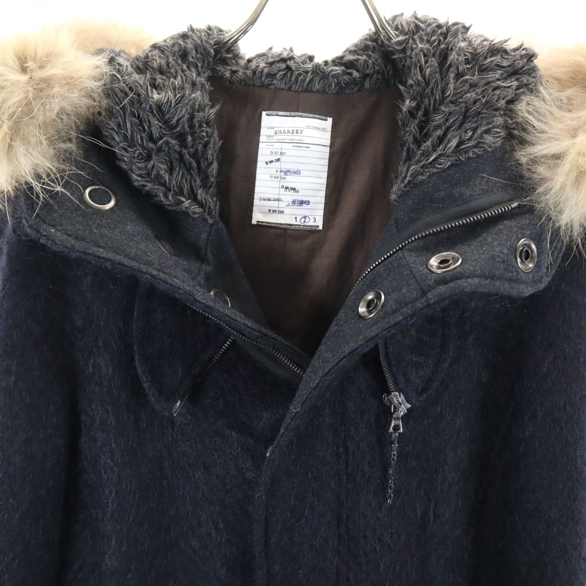 SHAREEF シャリーフ 日本製 ウールコート 2 ネイビー ファー フード メンズ