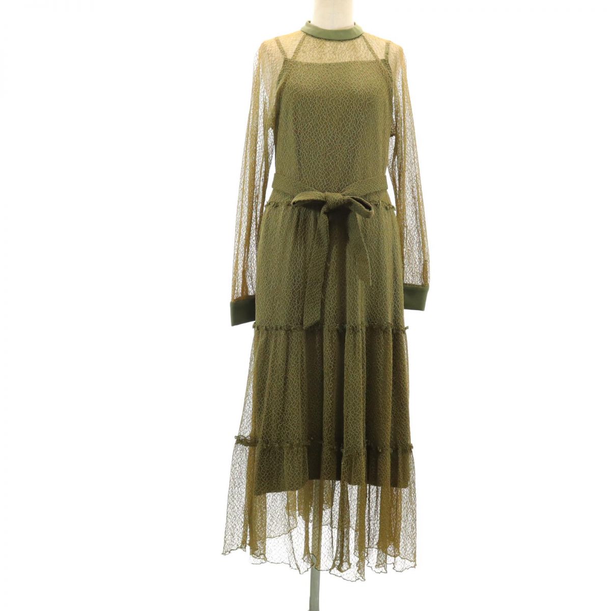 AMERI UNDRESSED アメリ 長袖 レース ロングワンピース グリーン系 インナー付き レディース