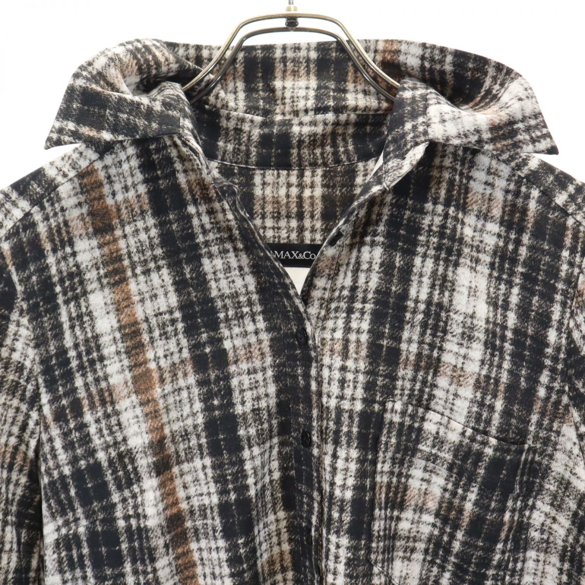 MAX&CO マックスアンドコー チェック柄 7分袖 バックプリーツ シャツワンピース 38 黒系 レディース
