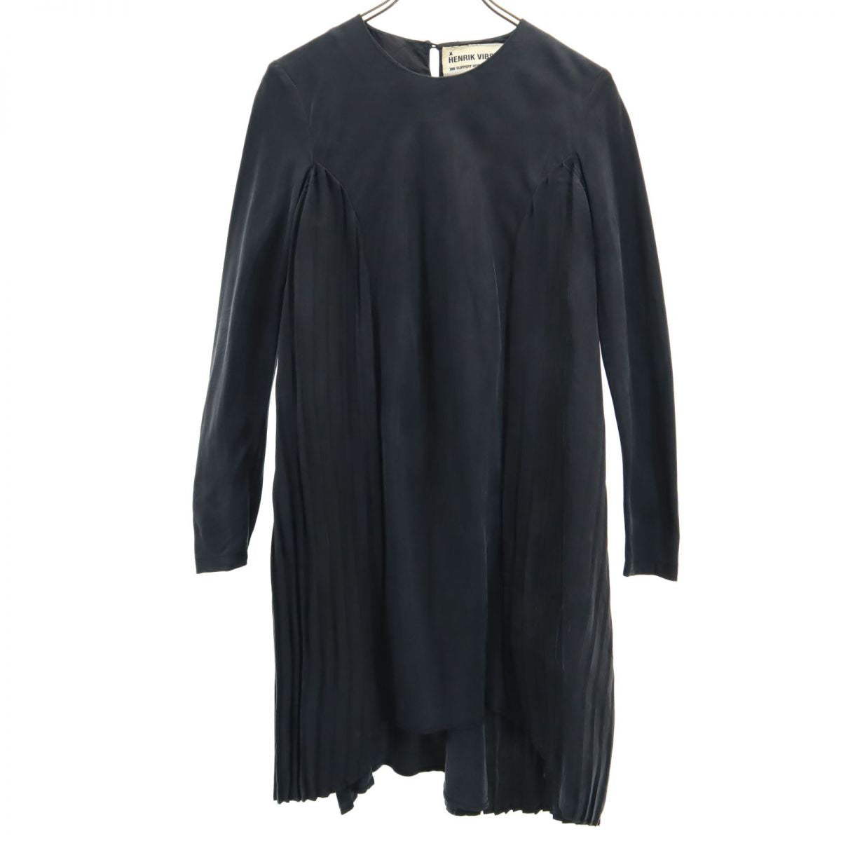ヘンリックヴィブスコフ シルク100% 長袖 サイドプリーツ 膝丈ワンピース S ネイビー HENRIK VIBSKOV レディース