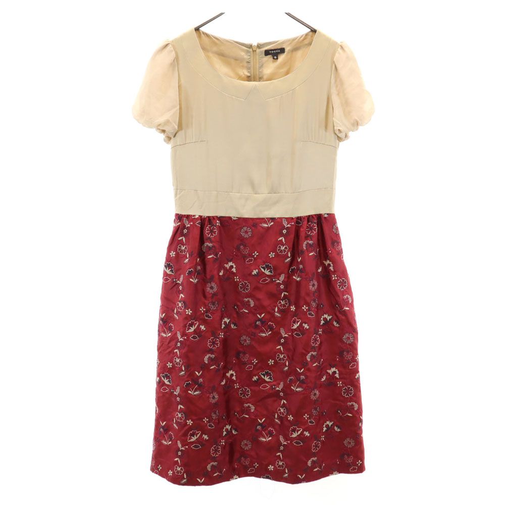 TOCCA トッカ 日本製 半袖 パフスリーブ 膝丈ワンピース ベージュ×赤 レディース