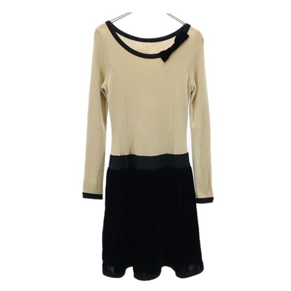 Rene ルネ ウール 長袖 ベロア切替 フレア ワンピース 34 ベージュ×ブラック クルーネック レディース