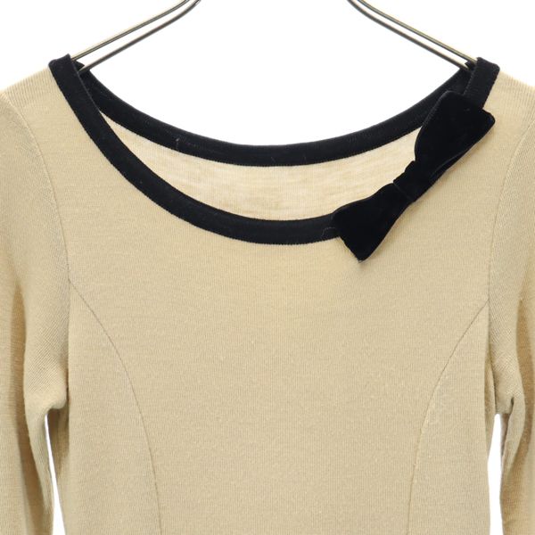 Rene ルネ ウール 長袖 ベロア切替 フレア ワンピース 34 ベージュ×ブラック クルーネック レディース