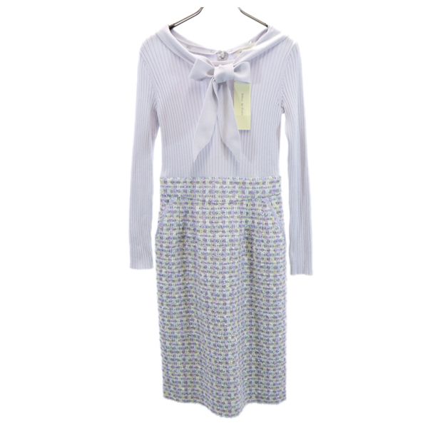 未使用 Debut de Fiore デビュードフィオレ チェック柄 長袖 リブニット ドッキング ワンピース 36 パープル系 リボン衿 レディース