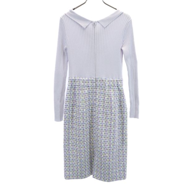 未使用 Debut de Fiore デビュードフィオレ チェック柄 長袖 リブニット ドッキング ワンピース 36 パープル系 リボン衿 レディース