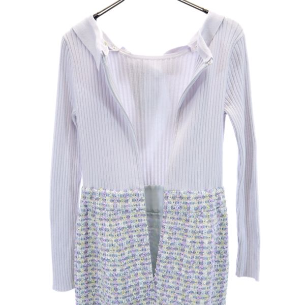 未使用 Debut de Fiore デビュードフィオレ チェック柄 長袖 リブニット ドッキング ワンピース 36 パープル系 リボン衿 レディース