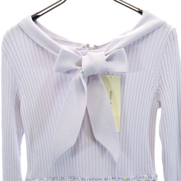 未使用 Debut de Fiore デビュードフィオレ チェック柄 長袖 リブニット ドッキング ワンピース 36 パープル系 リボン衿 レディース