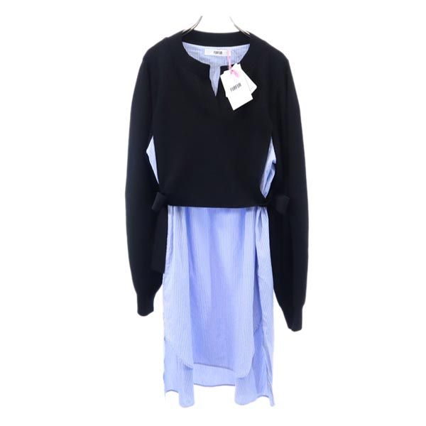 未使用 furfur ファーファー ストライプ 長袖 ニット切替 ワンピース F 黒×ブルー レディース