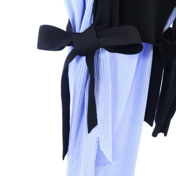 未使用 furfur ファーファー ストライプ 長袖 ニット切替 ワンピース F 黒×ブルー レディース