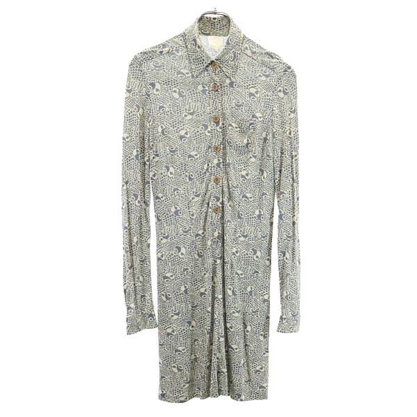 ANNA SUI アナスイ USA製 長袖 シャツワンピース 4 ベージュ×グレー レディース