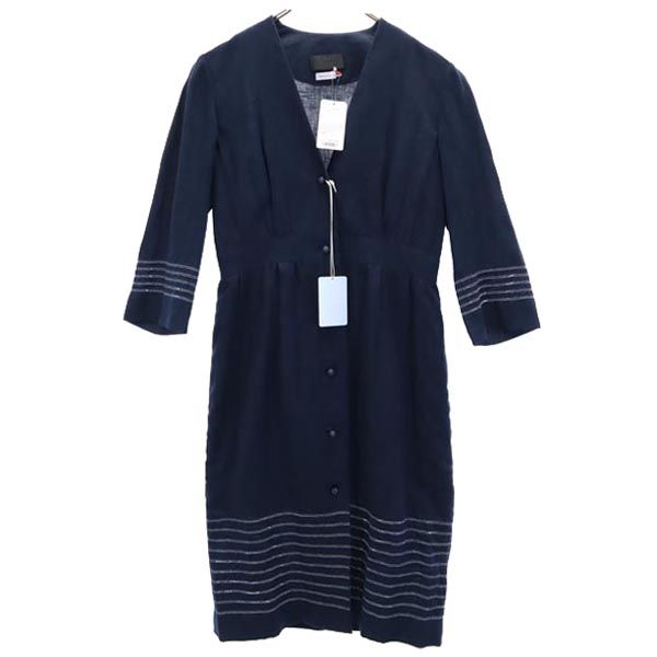未使用 イタリア製 リネン 7分袖 Vネック ワンピース 42 紺 レディース