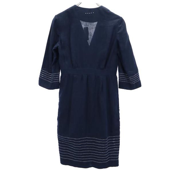 未使用 イタリア製 リネン 7分袖 Vネック ワンピース 42 紺 レディース