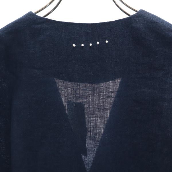 未使用 イタリア製 リネン 7分袖 Vネック ワンピース 42 紺 レディース
