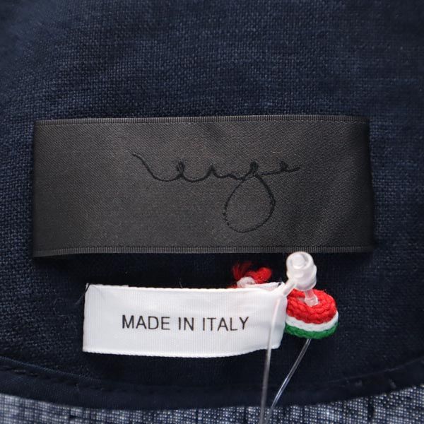 未使用 イタリア製 リネン 7分袖 Vネック ワンピース 42 紺 レディース