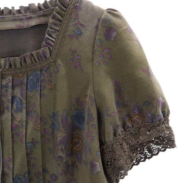 miss chloe ミスクロエ 日本製 花柄 半袖 シャツ レース ワンピース 40 カーキ系 レディース