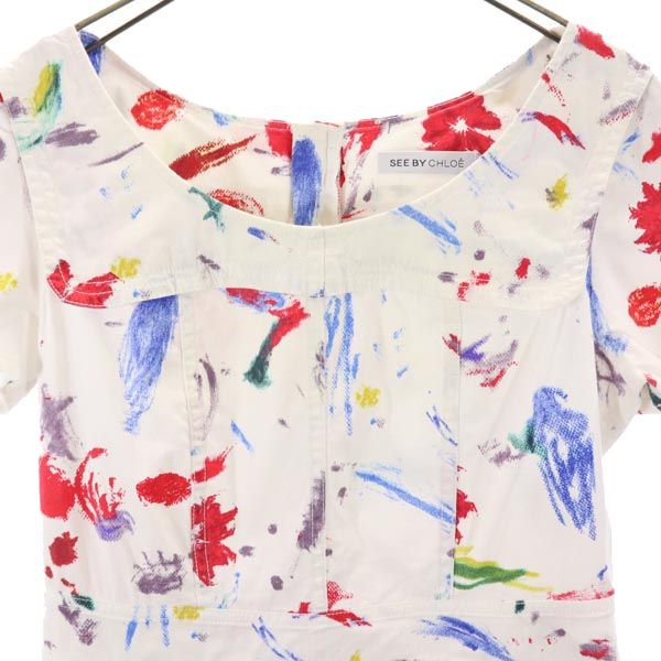 SEE BY CHLOE シーバイクロエ 総柄 半袖 ワンピース USA2 ホワイト系 バックジップ レディース