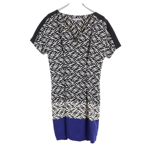 STEFANEL ステファネル ゼブラ柄 半袖 Vネック 膝丈ワンピース 白×黒×青 レディース