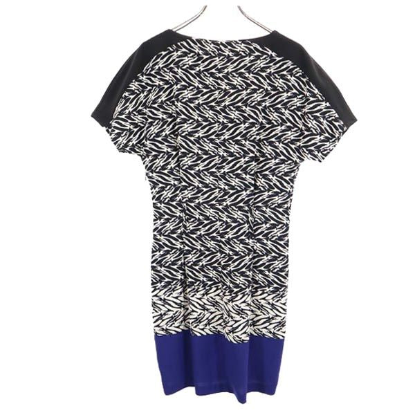 STEFANEL ステファネル ゼブラ柄 半袖 Vネック 膝丈ワンピース 白×黒×青 レディース