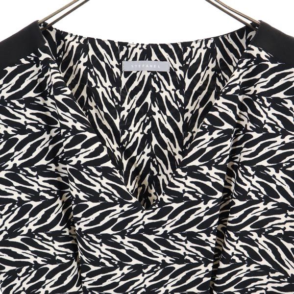 STEFANEL ステファネル ゼブラ柄 半袖 Vネック 膝丈ワンピース 白×黒×青 レディース