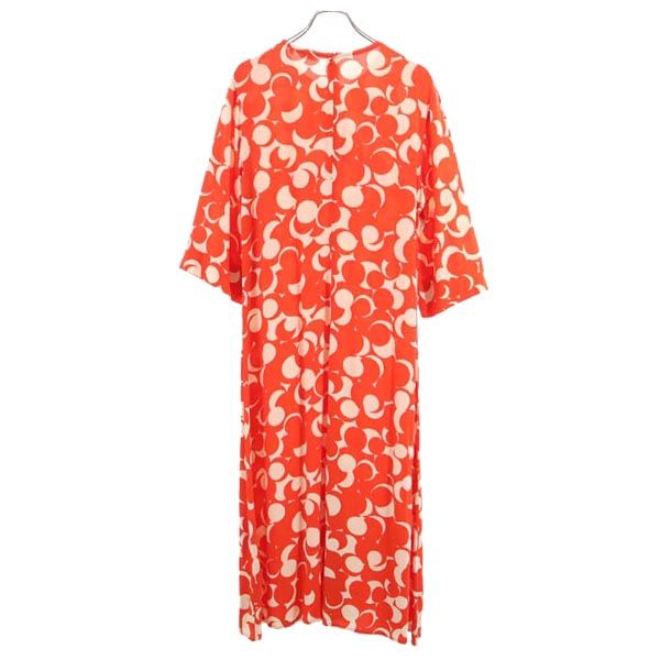 マリメッコ 花柄 7分袖 ロングワンピース 40 レッド×ベージュ marimekko レディース