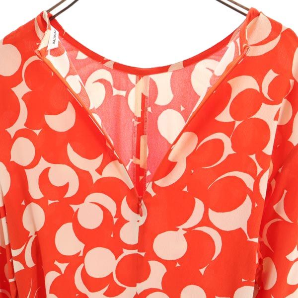 マリメッコ 花柄 7分袖 ロングワンピース 40 レッド×ベージュ marimekko レディース