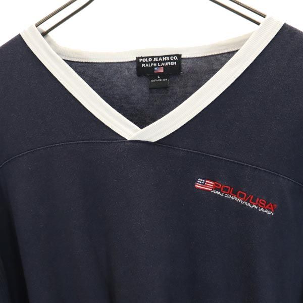 POLO JEANS COMPANY ポロジーンズカンパニー ロゴ刺繍 半袖 Vネック Tシャツ L ネイビー メンズ