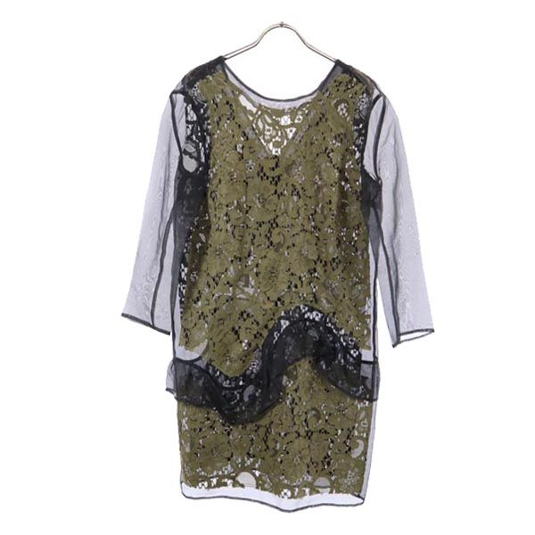 MSGM エムエスジーエム イタリア製 シルク 長袖 シアー レース ワンピース 40 カーキ×黒 レディース