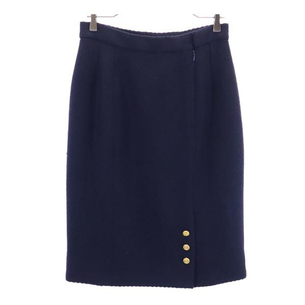 CHANEL シャネル フランス製 ウール ミディ丈 タイトスカート 40 ネイビー系 バックジップ レディース