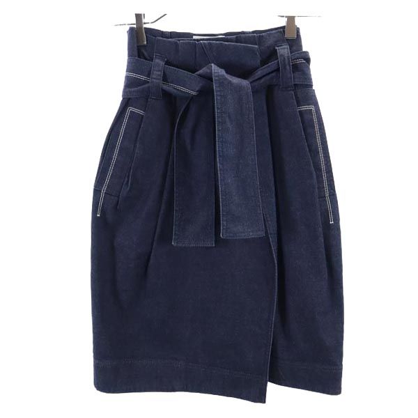 CELINE セリーヌ ロゴ刺繍 ミディ丈 ラップ デニムスカート 38 ネイビー レディース
