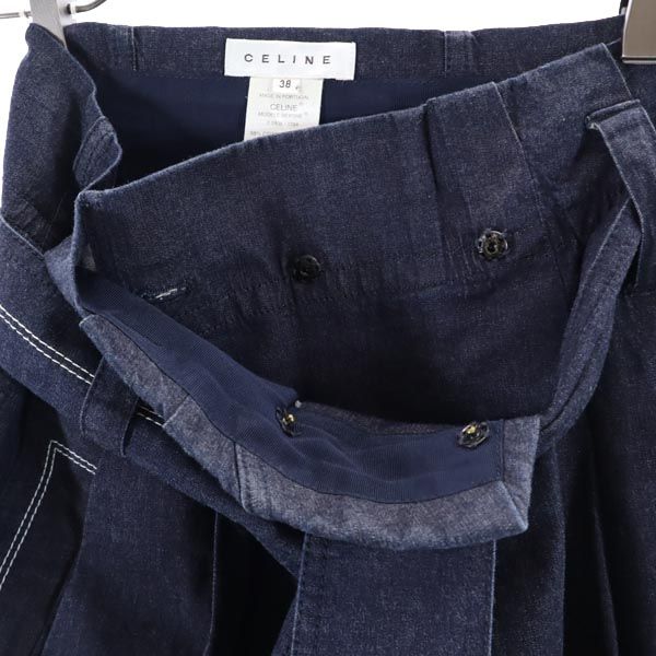 CELINE セリーヌ ロゴ刺繍 ミディ丈 ラップ デニムスカート 38 ネイビー レディース