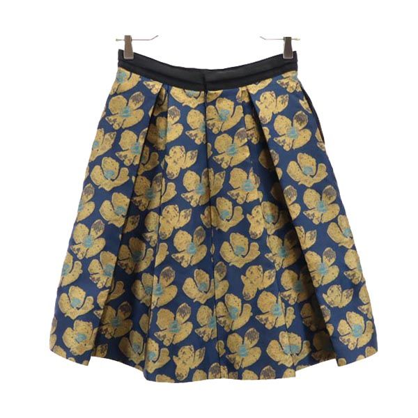 LANVIN en Bleu ランバンオンブルー 総柄 日本製 ミニ丈 プリーツスカート 38 ネイビー系 バックジップ レディース