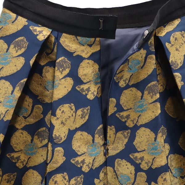 LANVIN en Bleu ランバンオンブルー 総柄 日本製 ミニ丈 プリーツスカート 38 ネイビー系 バックジップ レディース