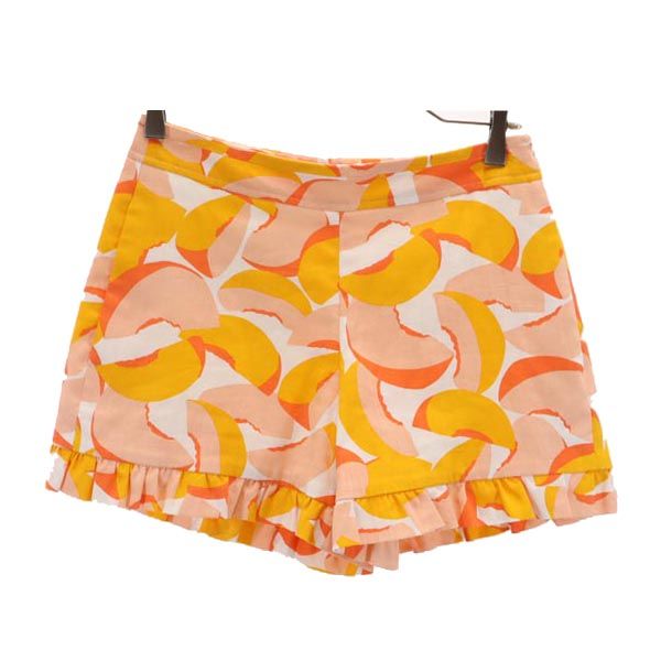 美品 Kate Spade ケイトスペード リネンブレンド 総柄 フリル ショートパンツ 2 オレンジ系 レディース
