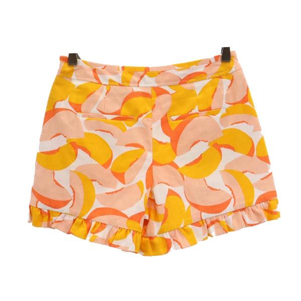 美品 Kate Spade ケイトスペード リネンブレンド 総柄 フリル ショートパンツ 2 オレンジ系 レディース