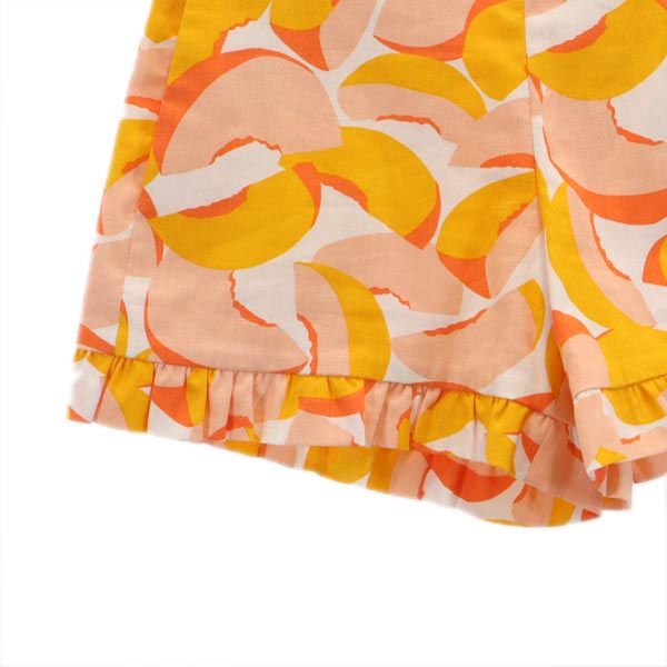 美品 Kate Spade ケイトスペード リネンブレンド 総柄 フリル ショートパンツ 2 オレンジ系 レディース