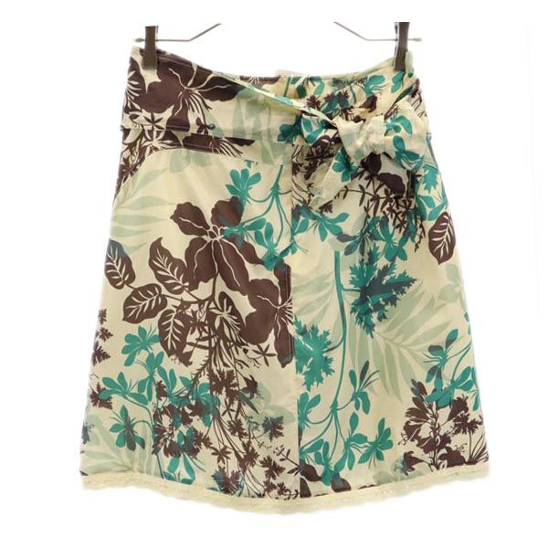 未使用 MAX&CO マックスアンドコー シルク100% リーフフラワー柄 ミニ丈 スカート 40 ベージュ×緑×茶 レディース