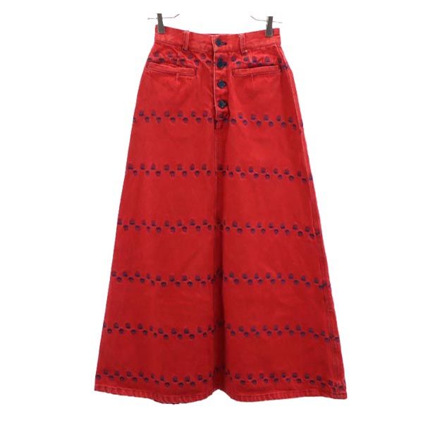 ALGONQUINS アルゴンキン イチゴ総柄刺繍 デニム ロングスカート レッド ボタンフライ レディース