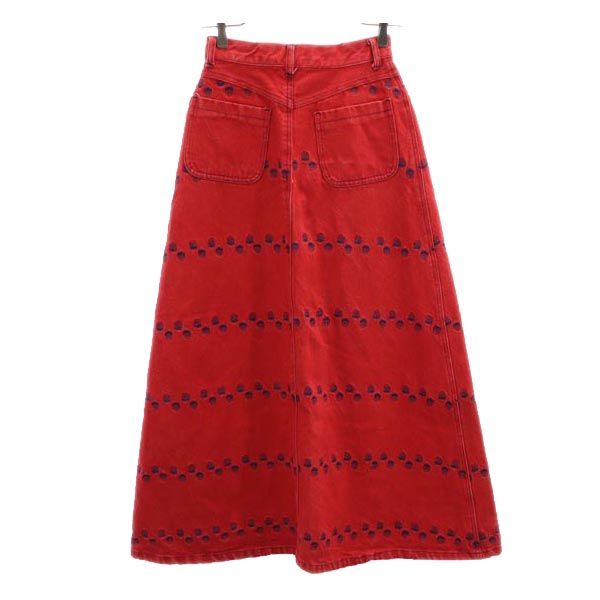 ALGONQUINS アルゴンキン イチゴ総柄刺繍 デニム ロングスカート レッド ボタンフライ レディース