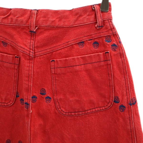 ALGONQUINS アルゴンキン イチゴ総柄刺繍 デニム ロングスカート レッド ボタンフライ レディース