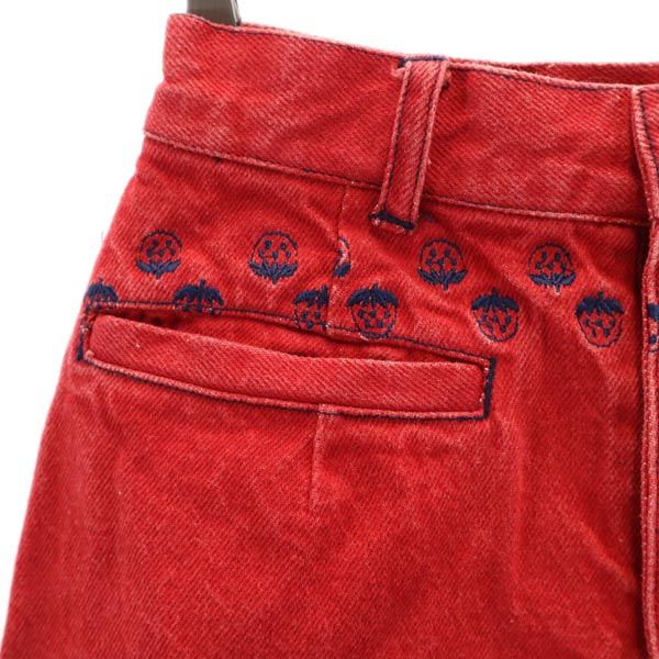 ALGONQUINS アルゴンキン イチゴ総柄刺繍 デニム ロングスカート レッド ボタンフライ レディース