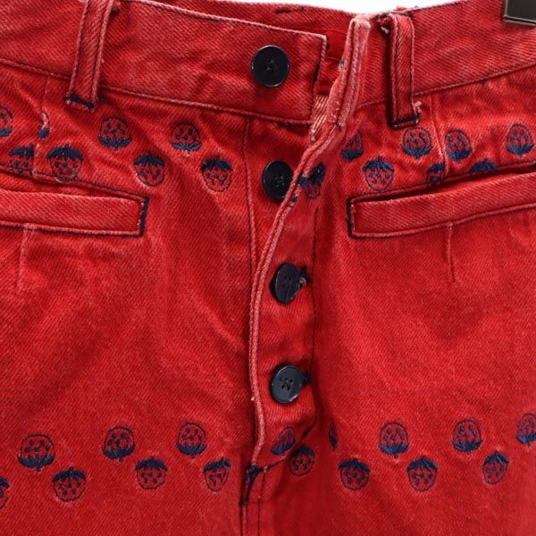 ALGONQUINS アルゴンキン イチゴ総柄刺繍 デニム ロングスカート レッド ボタンフライ レディース