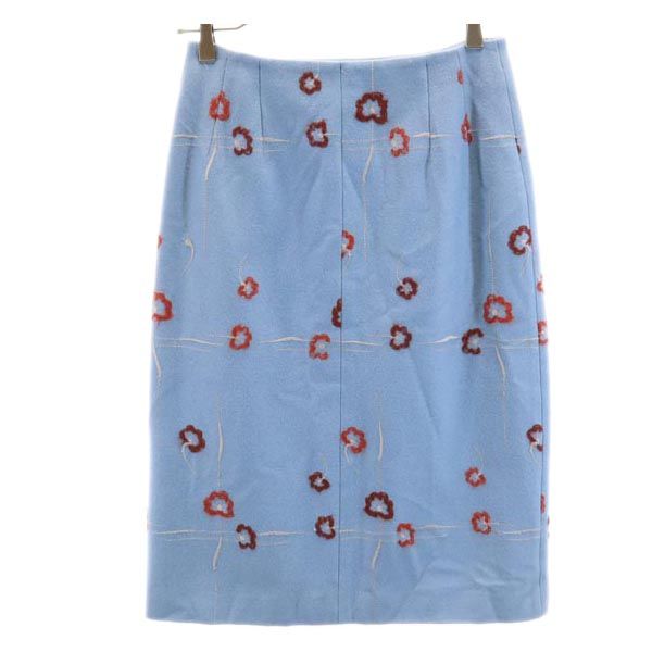 mila schon ミラショーン イタリア製 ウールブレンド 花刺繍 ミディ丈 スカート 40 ブルー系 バックジップ レディース