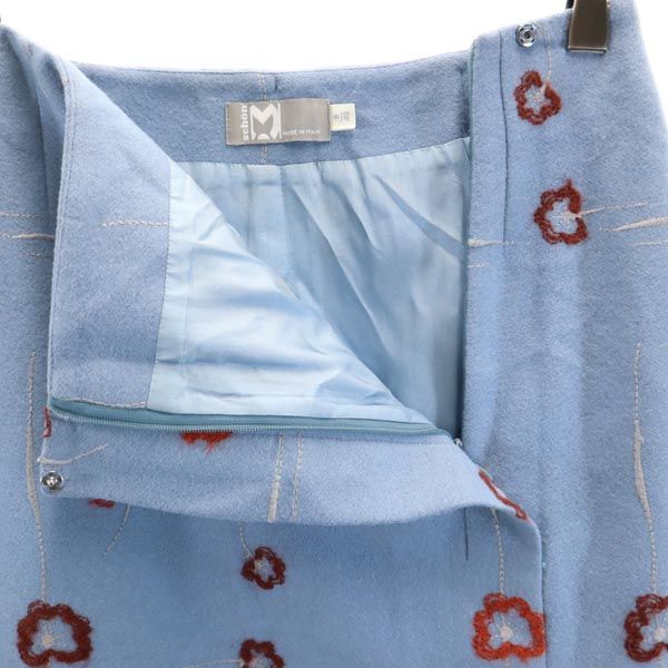 mila schon ミラショーン イタリア製 ウールブレンド 花刺繍 ミディ丈 スカート 40 ブルー系 バックジップ レディース