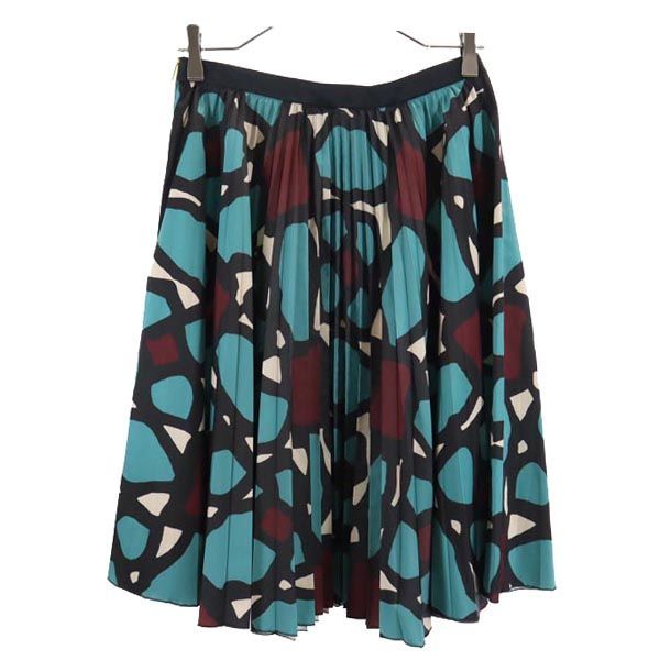 PAULE KA ポールカ 総柄 ミディ丈 プリーツスカート 38 グリーン系 サイドジップ レディース