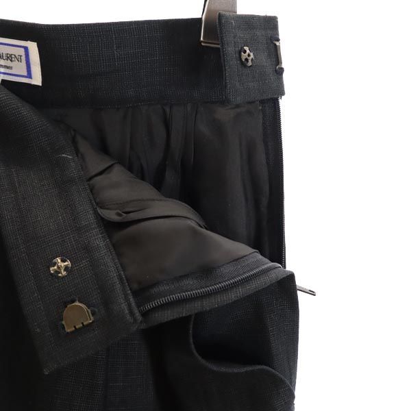 YVES SAINT LAURENT イヴサンローラン ミディ丈 リネン タイトスカート S ブラック系 サイドジップ レディース