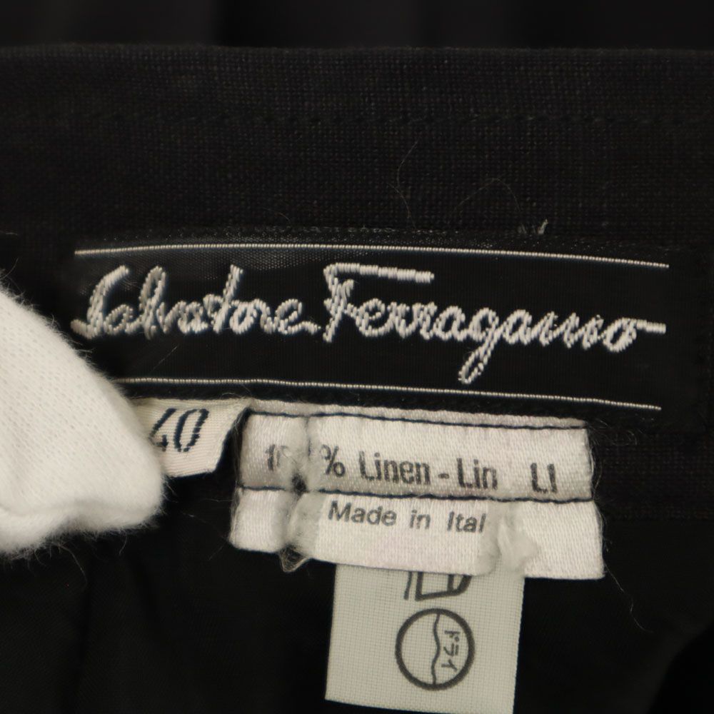 Salvatore Ferragamo サルヴァトーレフェラガモ イタリア製 ミディ丈 リネン タイトスカート 40 ネイビー レディース