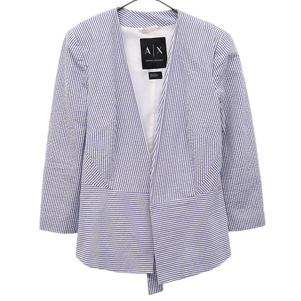 ARMANI EXCHANGE アルマーニエクスチェンジ ストライプ シアサッカー ノーカラージャケット 4 ブルー×ホワイト レディース