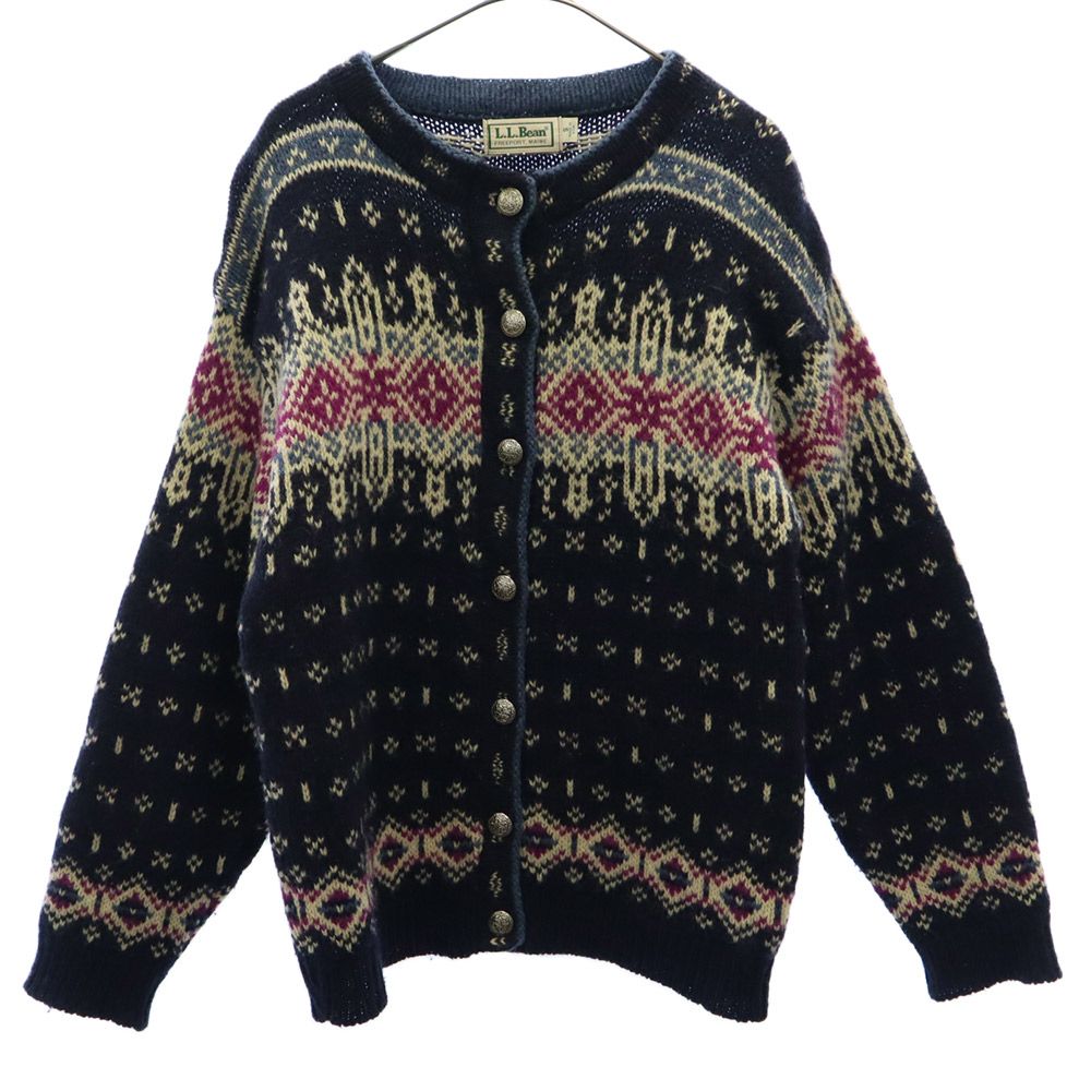 L.L.Bean エルエルビーン 70s 80s ノルディック 総柄 長袖 ニット カーディガン S ネイビー オールド ヴィンテージ レディース